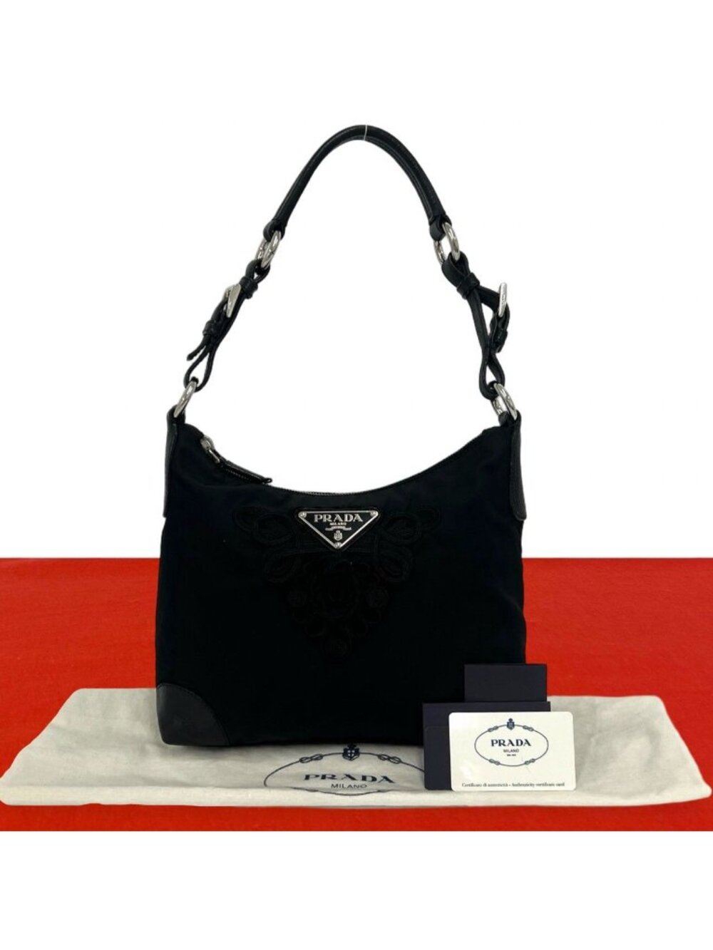 Prada Triangle Logo Embroidery Tessuto Pocono Nylon Leather Shoulder Bag Black